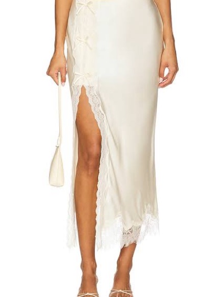 Loveshackfancy Calder Skirt Cream Satin Lace-Trim Midi Skirt With Side Slit